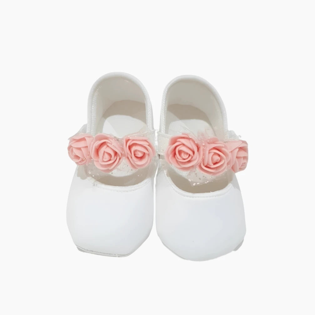 Soft Pink Baby Shoes with Floral Strap - Soft Sole