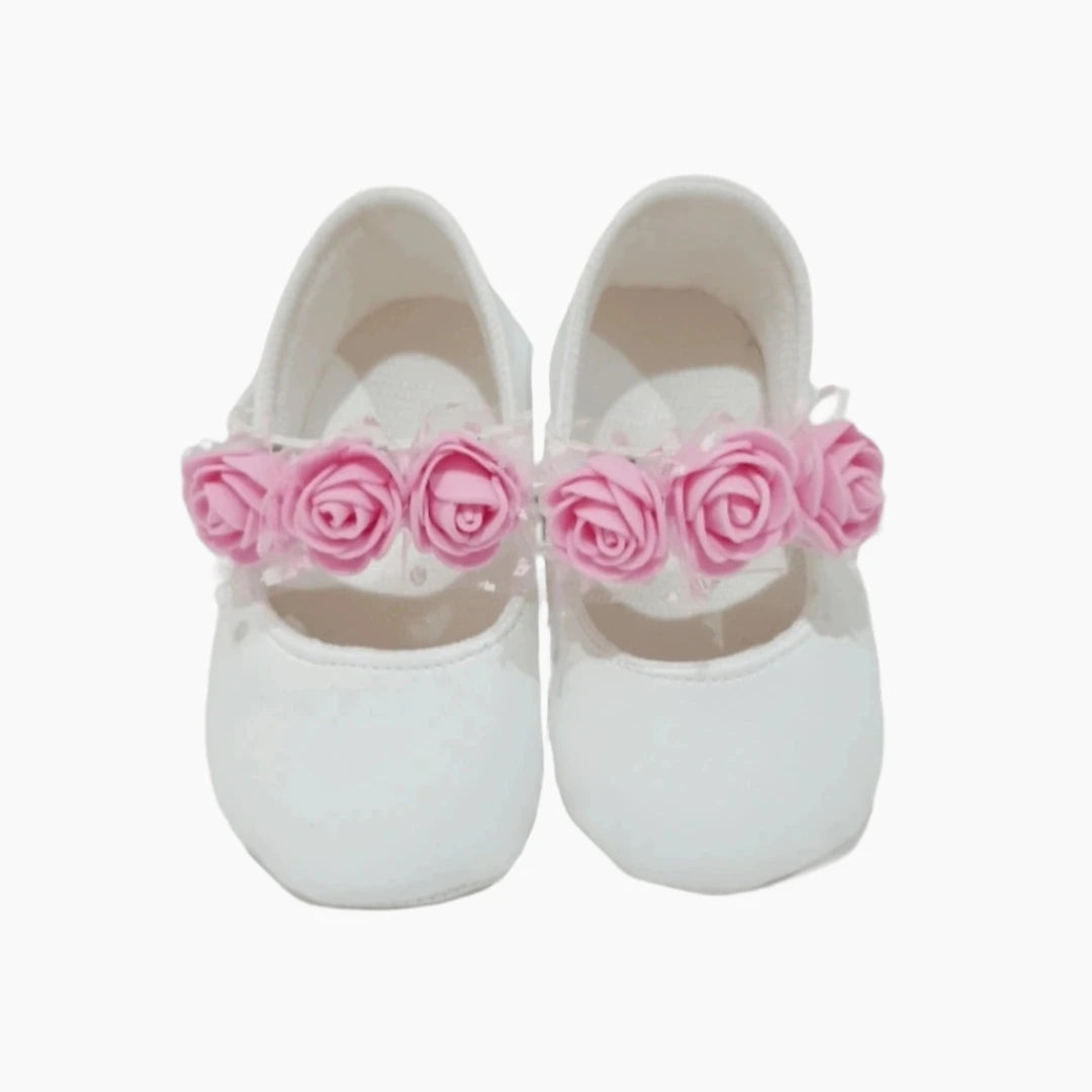 Pink Baby Shoes with Floral Strap - Soft Sole