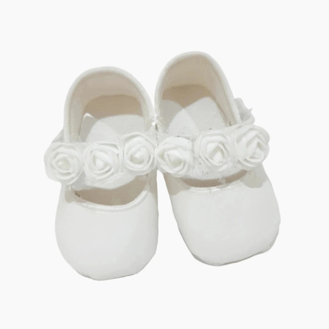 White Baby Shoes with Floral Strap - Soft Sole