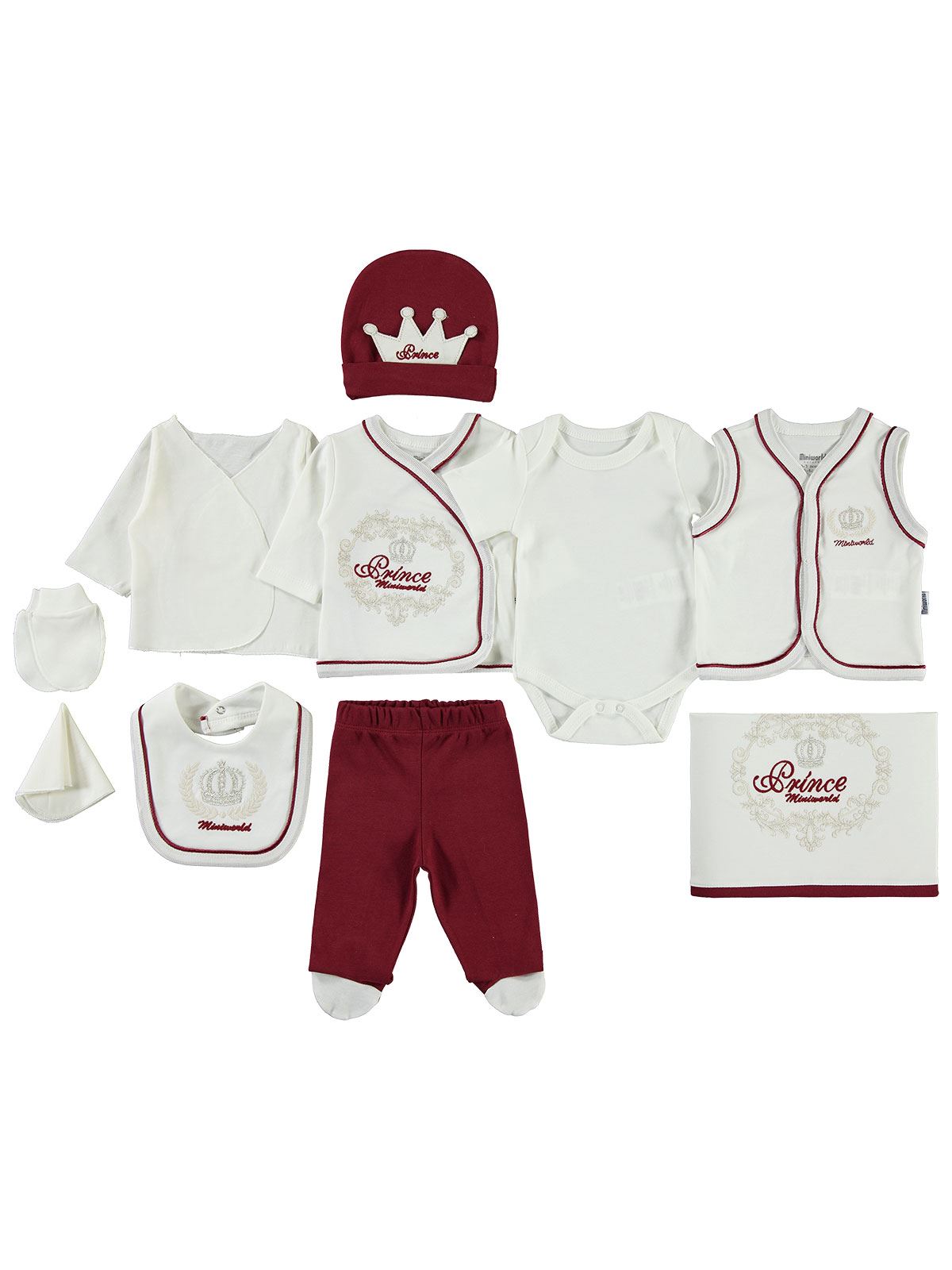 Royal Baby Prince Set – 10-Piece Newborn Outfit (Burgundy & White)